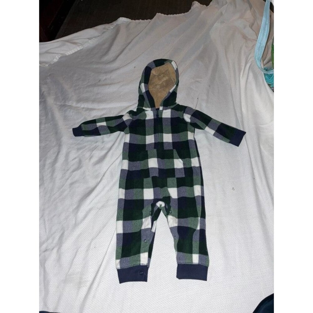 Carter’s Long Sleeve Hooded Fleece One Piece Green Plaid Size 9 Month